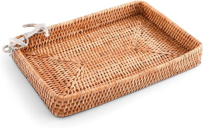 Vagabond House - Rattan Tray, Handmade Wicker Tray, Basket Tray, Coastal Nautical Design with Pewter Anchor, 12x9 Inches, Eco-Friendly, Hand Woven for Ocean Theme Home