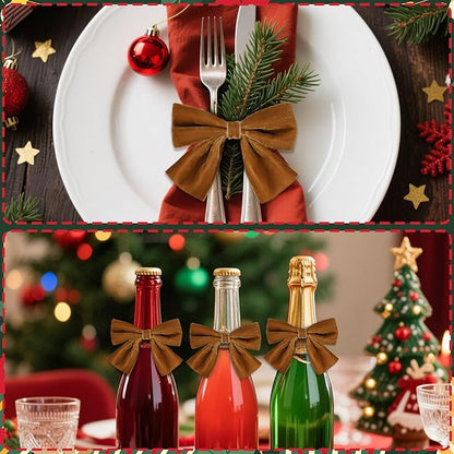 12 Pcs Brown Christmas Bow Napkin Rings,Chic Xmas Velvet Napkin Ring Holders for Holiday Serviette Birthday Anniversary Party Dinner Wedding Dining Tableware Decoration