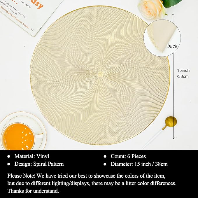 Gold Round Placemats Set of 6, 15 Inch Vinyl Place Mats Waterproof Heat Resistant Non Slip Washable Table Mats for Dinner Party Table Decoration