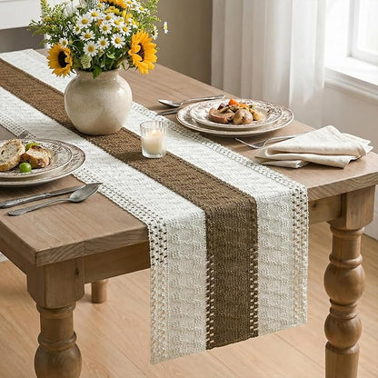 Artoid Mode Light Coffee Farmhouse Rustic Table Runner, Seasonal Holiday Hollow Kitchen Dining Table Decoration for Home Party Decor 12x48 Inch