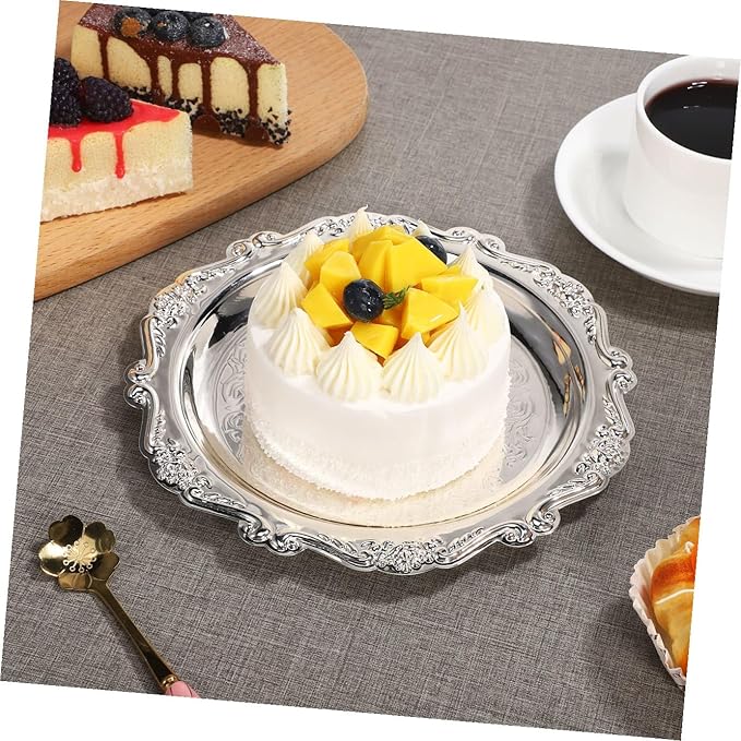Decorative Iron Serving Tray Silver Round Platter for Food Snacks Jewelry Storage Plate for Home Parties