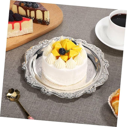 Decorative Iron Serving Tray Silver Round Platter for Food Snacks Jewelry Storage Plate for Home Parties