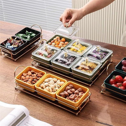 Divided Spice Plate with Lid, Metal Tray, Removable Compartment, Dipping Bowls for Appetizers, Fruit, Ice Cream, Sweets, Nuts, Snacks, Chips, Dip Bowls, Ceramic Sauce Plates (Colour: B)