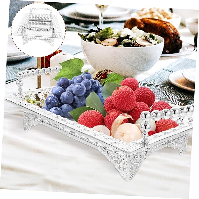 GLEAVI Nordic Style Metal Fruit Serving Tray with Handle Mirrored Silver Snack Storage Dish for Parties KTV and Home Decor Decorative Candy Nut and Dried Fruit Platter