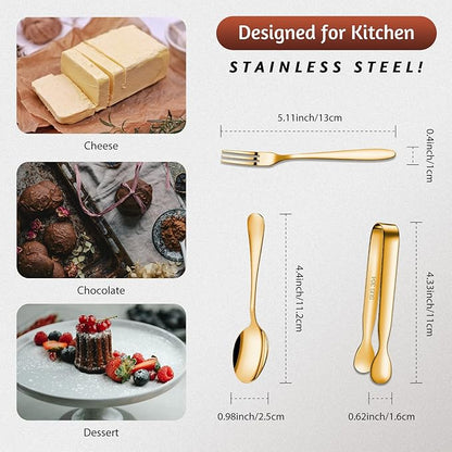 Cunhill 24 Pcs Charcuterie Accessories Mini Cocktail Tongs Small Serving Spoons and Appetizer Forks Stainless Steel Tongs Charcuterie Utensils for Valentine Party Supplies(Vivid Sharp Spoon,Golden)