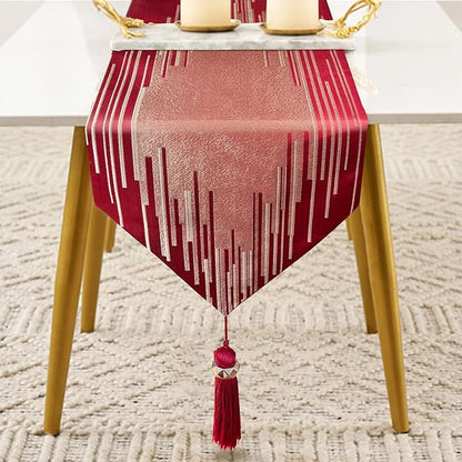 Luxury Red Table Runner 98 Inches Long Abstract Geometry Lines with Tassel Thick Fabric Handmade Embroidery Table Runners for TV Console Night Stands Keyboard Sideboard Home Decor
