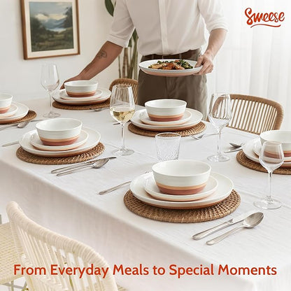 Sweese Plates and Bowls Sets,18 Pieces Modern Porcelain Dinnerware Set for 6 Handcrafted Uniqe Dinner Set Ceramic Dishware Dishes Microwave and Dishwasher Safe, Terra Cotta