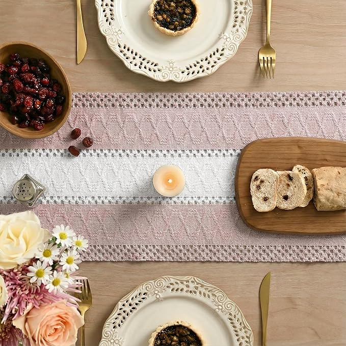 Artoid Mode Pink Farmhouse Rustic Table Runner, Seasonal Hollow Kitchen Dining Table Decoration for Home Party Decor 12x108 Inch