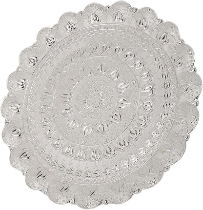 Turkish Tea Coffee Serving Tray, Vintage Style Round Coffee Plate, Embossed Pattern Metal Tray for Bar Outdoor Dresser Dessert, Multi Purpose Serving Tray for Coffee Tea Jewelry Co (Silver)