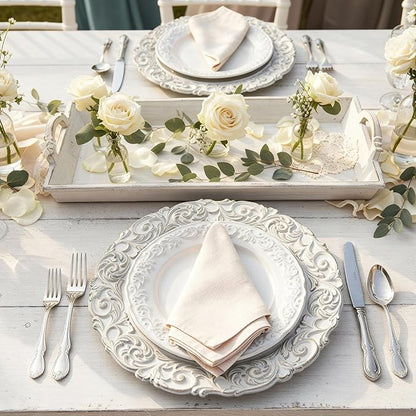 30 Pcs Antique White Charger Plates Bulk 13 Inch Embossed Rim Plastic Round Decorative Vintage Plates Charger for Dinner Wedding Party Event Table Setting Decoration (Classic)