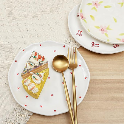 Koythin Floral Ceramic Dinner Plates, 8" Microwave Safe Dishes for Pasta, Modern Rustic Appetizer Plate for Salad Fruits Dessert Cake (Double Line Bow)