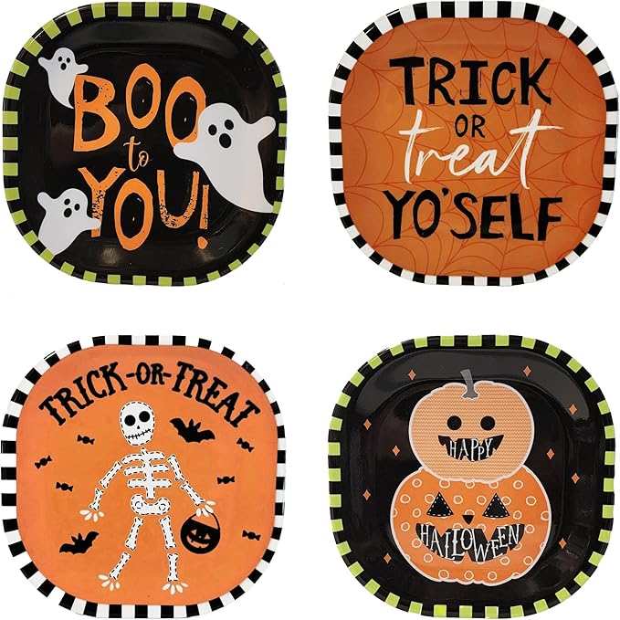 Kane Halloween 8-inch Melamine Appetizer Plates Set of 4 Skeleton Pumpkin Ghost Dessert Dinnerware