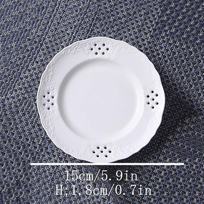 SONGCHAO Party Supplies Hollow Out Dessert Plate White Disc Home Kitchen Restaurant Coffee Shop Flat Plate Ceramic Fruit Plate Round Fruit Tray Party Plates (Color : A)