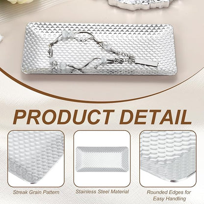 uxcell Decorative Tray, 5.9x3 Stainless Steel Rectangular Glossy Serving Tray with Hammer Pattern for Dessert Napkin Towel Candle Jewelry Bathroom Platter, Stackable, Silver