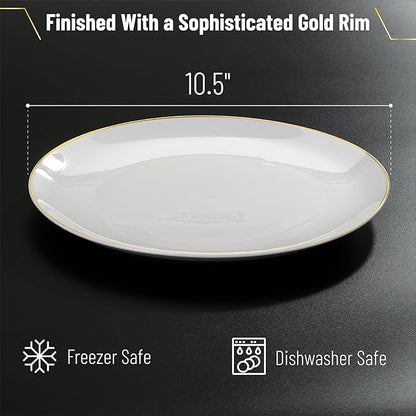 BTaT- White Porcelain Dinner Plates, Set of 12, 10.5" Gold Rimmed, Classic Style, Formal Dining