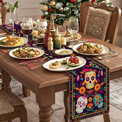 Mexican Skull Flowers Table Runner Seasonal Holiday Kitchen Dining Linen Table Decoration for Indoor Outdoor Home Party Decor 13 x 72 Inch
