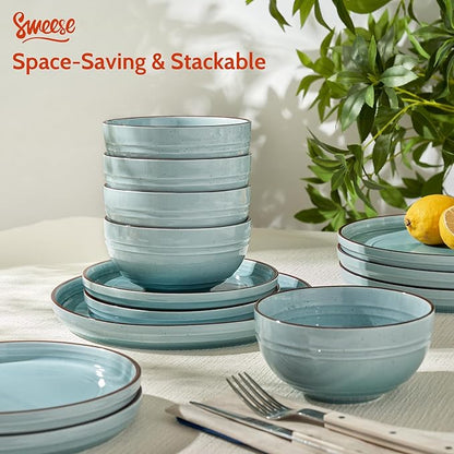 Sweese Plates and Bowls Sets, Porcelain Dinnerware Sets for 6, 18 pcs Handcrafted Glaze Embossed Dinner Set, Scratch Resistant Dishware, Dishwasher Oven Microwave Safe Ceramic Dish Set, Gradient Blue