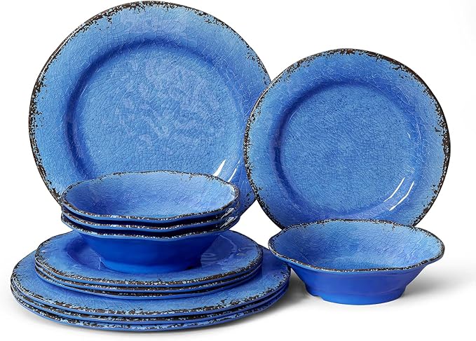 LEHAHA 12 Piece Melamine Dinnerware Set BPA Free Farmhouse Outdoor Dishes Set for 4, A Light Weight and Unbreakable Rustic Plate Bowl Set for Patio, RV and Camping