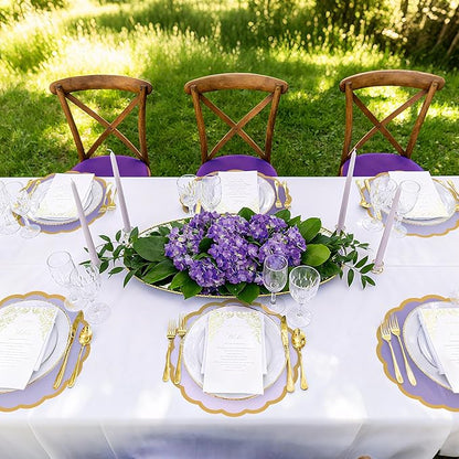 100 Pcs Purple Paper Placemats 13.5 Inch Disposable Scalloped Colorful Pastel Round Table Place Mats with Gold Edges, Decorative Colors Mats for Birthday Wedding Bridal Shower Banquet Tea Party