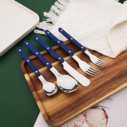 30 PCS Stainless Steel Flatware Set for 6, Silverware Set with Colored Handles, Retro Style Forks Spoons and Knives Set, Vintage Eating Utensils, Blue Acrylic Handle with Rivets Design