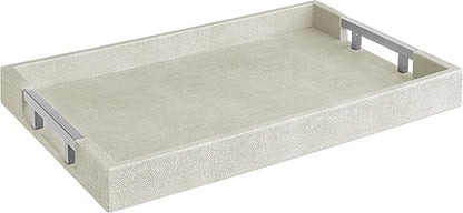 Modern Elegant 17.5"x12" Rectangle Natural Ivory Beige Faux Leather Shagreen Decorative Tray Ottoman Coffee Table Perfume Vanity Kitchen Serving Tray with Silver Metal Handles by Home Redefined.