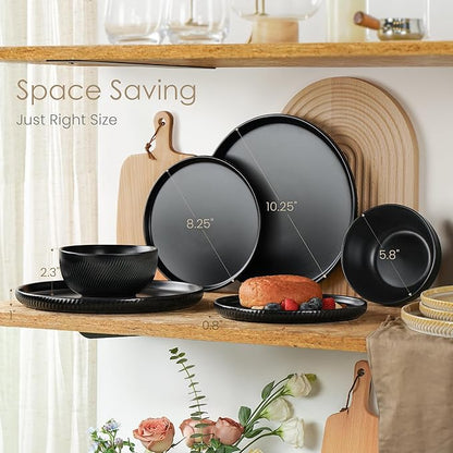 Matte Black Plates and Bowls Set 12pcs, Stoneware Dinnerware Sets for 4, Dishwasher and Microwave Safe Ceramic Dishes Set, Ribbed, Obsidian Night