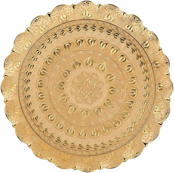 Turkish Vintage Style Embossed Tea Coffee Serving Tray, Round Metal Coffee Plate for Bar Outdoor Dessert, Retro Idea, Approx. 35cm/13.8in Diameter (Gold)