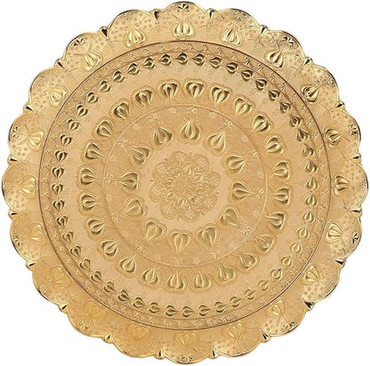 Turkish Vintage Style Embossed Tea Coffee Serving Tray, Round Metal Coffee Plate for Bar Outdoor Dessert, Retro Idea, Approx. 35cm/13.8in Diameter (Gold)
