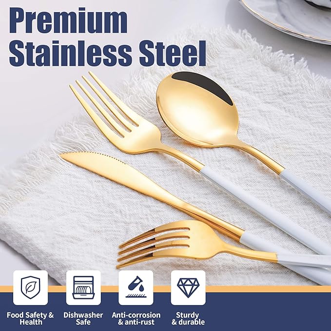 40 Piece White Gold Silverware Set,Stainless Steel Flatware Cutlery Set Service for 8 Including Forks Spoons Knives,Utensil Set,Tableware for Home and Restaurant, Dishwasher Safe