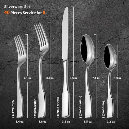 Alata Kate 40-Piece Silverware Set,Service for 8,Stainless Steel Flatware Set,Mirror Polished Cutlery Set,Dishwasher Safe