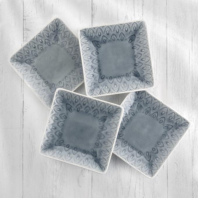 Euro Ceramica Peacock Stoneware 4-Piece 6.5''Square Appetizer Plate Set,Grey (PK-18512GRY)