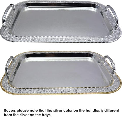 (Pack of 2) 16.5 inch x 11.8 inch Oblong Chrome Plated Serving Tray with Handles Stylish Design Floral Engraved Iron Gold Edge Decorative Party Wedding Buffet Wine Platter Plate FST-012