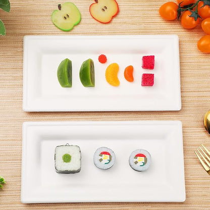 Hotop Disposable Rectangle Plates White Rectangle Serving Platter Heavy Duty Sugarcane Bagasse Plate for Outdoor Indoor Parties Serve Meals Snacks Deserts Fruits (200 Pieces)