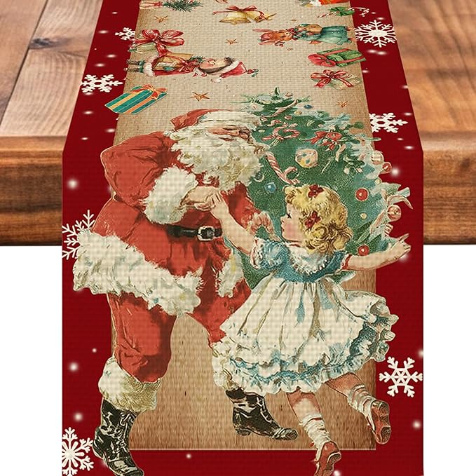 Vintage Santa Claus Table Runner Seasonal Christmas Kitchen Dining Linen Table Decoration for Indoor Outdoor Home Party Decor 13 x 72 Inch