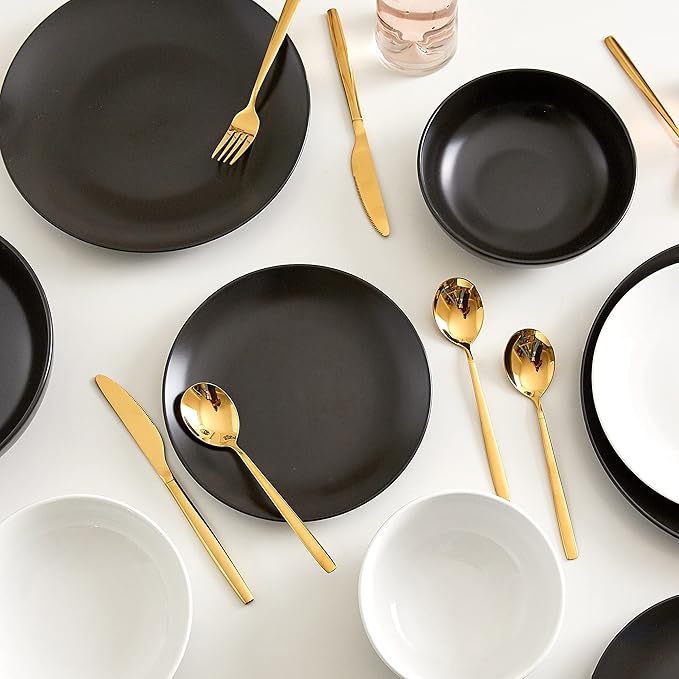 Euro Ceramica Euro Essential Collection 16 Piece Dinnerware Set, Service for 4, Solid Semi-Matte Black