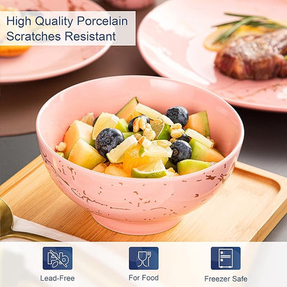 LOVECASA Pink Dinnerware Set for 4, 16 Piece Porcelain Dish With Plates, Bowls and Mugs, Gold Splash Glaze Round Modern Ceramic Dinner Set, Dishwasher Microwave Safe