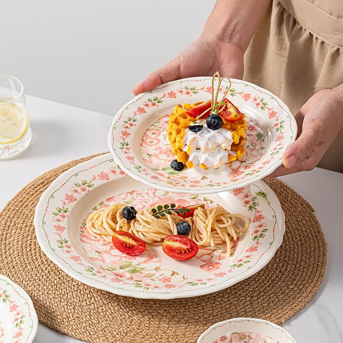 24 Piece Dinnerware Sets for 6， Scratch Resistant,microwave oven and Dishwasher Safe Plates and Bowls Sets Ceramic, Dish Set, Bowl and Plate Set -Pink peach blossom pattern