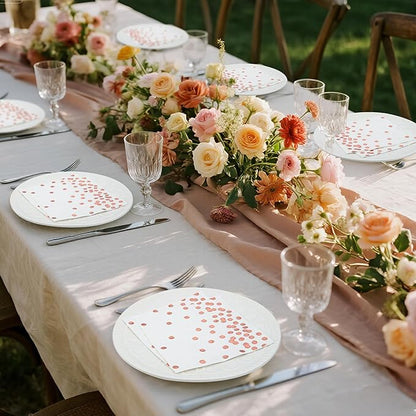 80 Pack of White Paper Cocktail Napkins with Gold Foil Polka Dot Confetti，Polka Dot Party Supplies(5 x 5 in，3-ply) (Rose Gold)