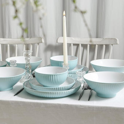 Christian Siriano Lustra Modern 16-Piece Stoneware Dinnerware Set, Plates and Bowls Set, Dinner and Salad Plates, Ramen Bowls, Dishes for 4, Teal