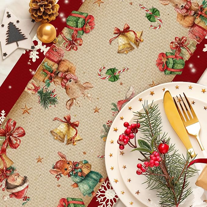 Vintage Santa Claus Table Runner Seasonal Christmas Kitchen Dining Linen Table Decoration for Indoor Outdoor Home Party Decor 13 x 72 Inch