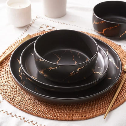 Black Gold Splash Dinnerware Sets, Marble Porcelain Plates and Bowls Sets, Modern Luxury Dish Set for 4, 12 Pieces Fine China Plates Set for Formal Dinners and Anniversaries