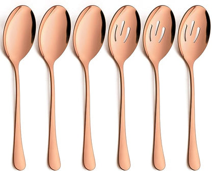 LIANYU 6-Piece Large Copper Serving Spoons, Stainless Steel Copper Slotted Spoons, Rose Gold Serving Utensils for Party Buffet Restaurant Banquet Dinner Catering, Dishwasher Safe, 9.8Inch