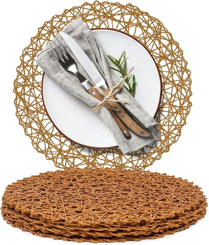 AHHFSMEI Paper Braided Round Placemats Set of 6 Natural Non-Slip Heat Resistant Table Mats for Dining Tables Woven Indoor & Outdoor Place mats(Brown)