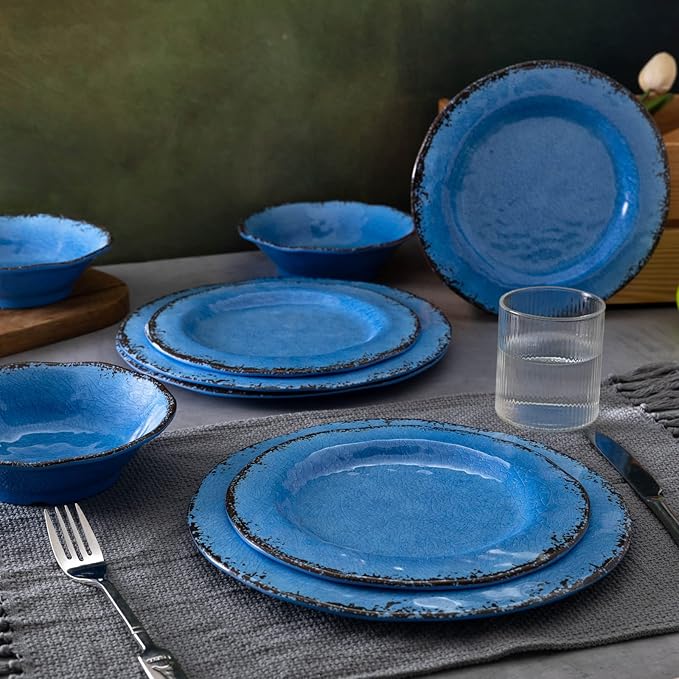 LEHAHA 12 Piece Melamine Dinnerware Set BPA Free Farmhouse Outdoor Dishes Set for 4, A Light Weight and Unbreakable Rustic Plate Bowl Set for Patio, RV and Camping