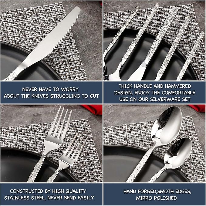 30-Piece Silver Silverware Set, Hammered 18/10 Stainless Steel Flatware Set for 6, Food-Grade Cutlery Set, Tableware Set Including Fork Knife Spoon Set,Dishwasher Safe