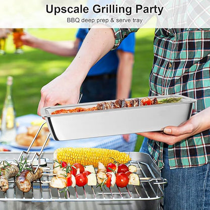 Grilling Prep and Serve Trays, Set of 4 Stackable Stainless Steel BBQ Trays with Cutting Board, Deep Marinating Container, Serving Platter for Plating Food, BBQ Prep Tub for Marinating Meats