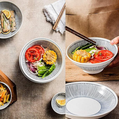 Plate and Bowl Set Fine Dinnerware Set,White Porcelain Dinnerware Set with Blue Line Stripes, Ceramic Plates and Bowls Sets