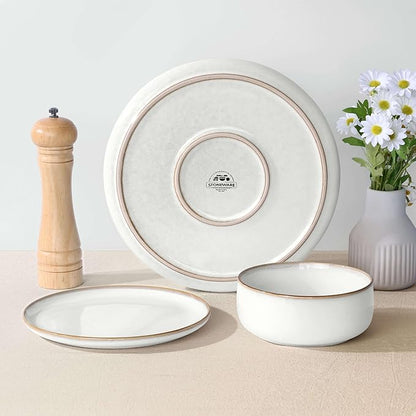 Herogo 18-Piece Stoneware Dinnerware Set for 6, Handmade Plates & Bowls with Double Reactive Glaze, Microwave and Dishwasher Safe, Scratch Resistant, Ivory White