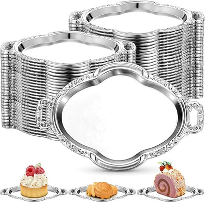 50 Pcs Oval Mini Baroque Dessert Display Tray Mini Elegant Plastic Serving Tray Small Cake Candy Plates for Weddings Party Bridal Baby Shower, Birthday, Candy Jars Decorations(Silver)