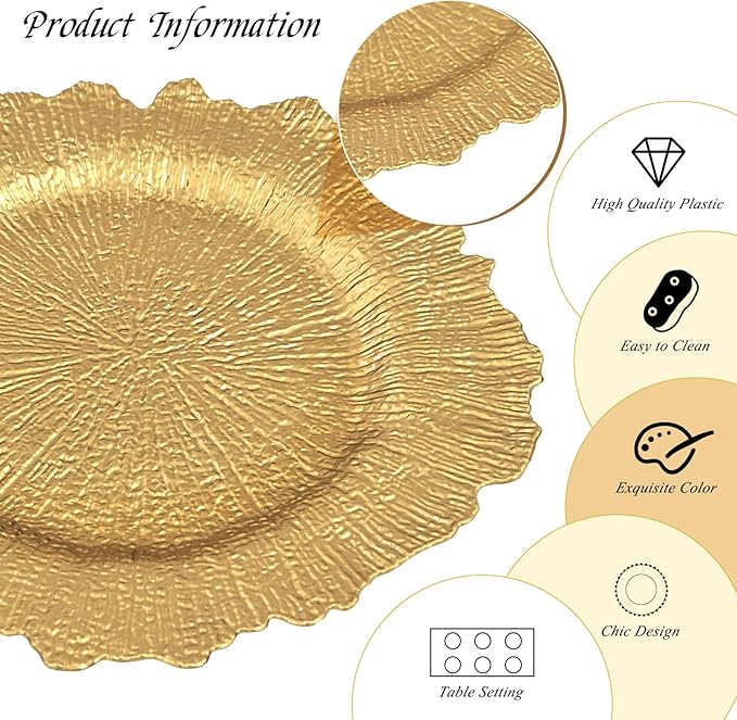 24 Pack Gold Charger Plates Bulk, 13" Plastic Reef Chargers for Dinner Plates, Round Charger Plate with Floral Reef Design for Dinner Wedding Party Table Setting Decoration
